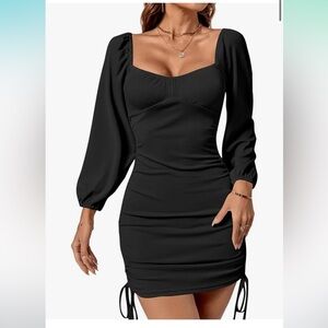 Amazon Black Ruched Bodycon Dress with Bishop Sleeves